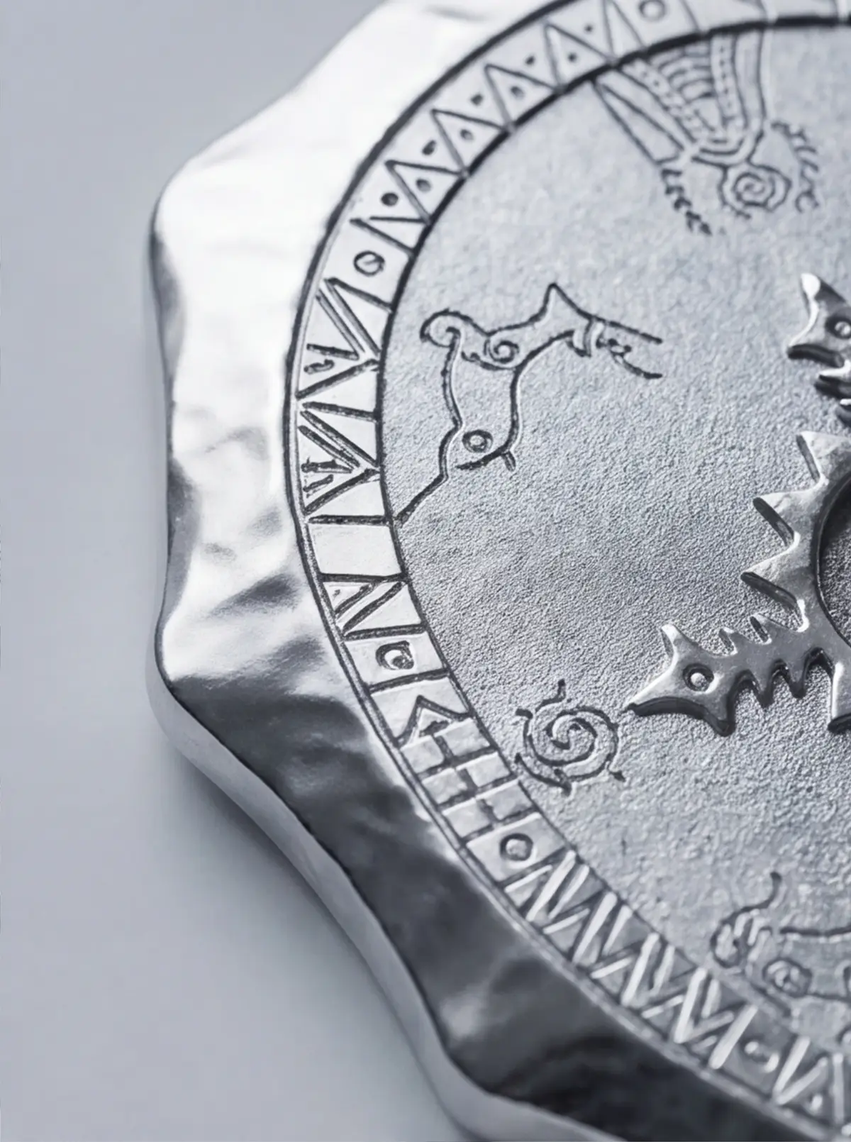 A close crop preserves the rim relief and metal surface character.