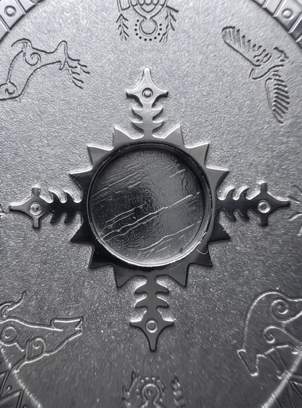 The central meteorite slice and four-way structure form the guardian totem.