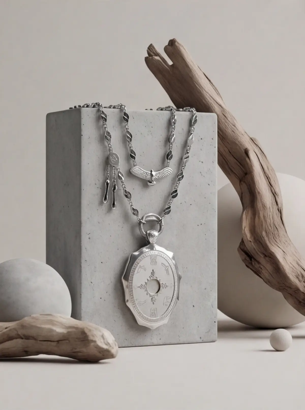 Wood and stone give the product a softer natural context.
