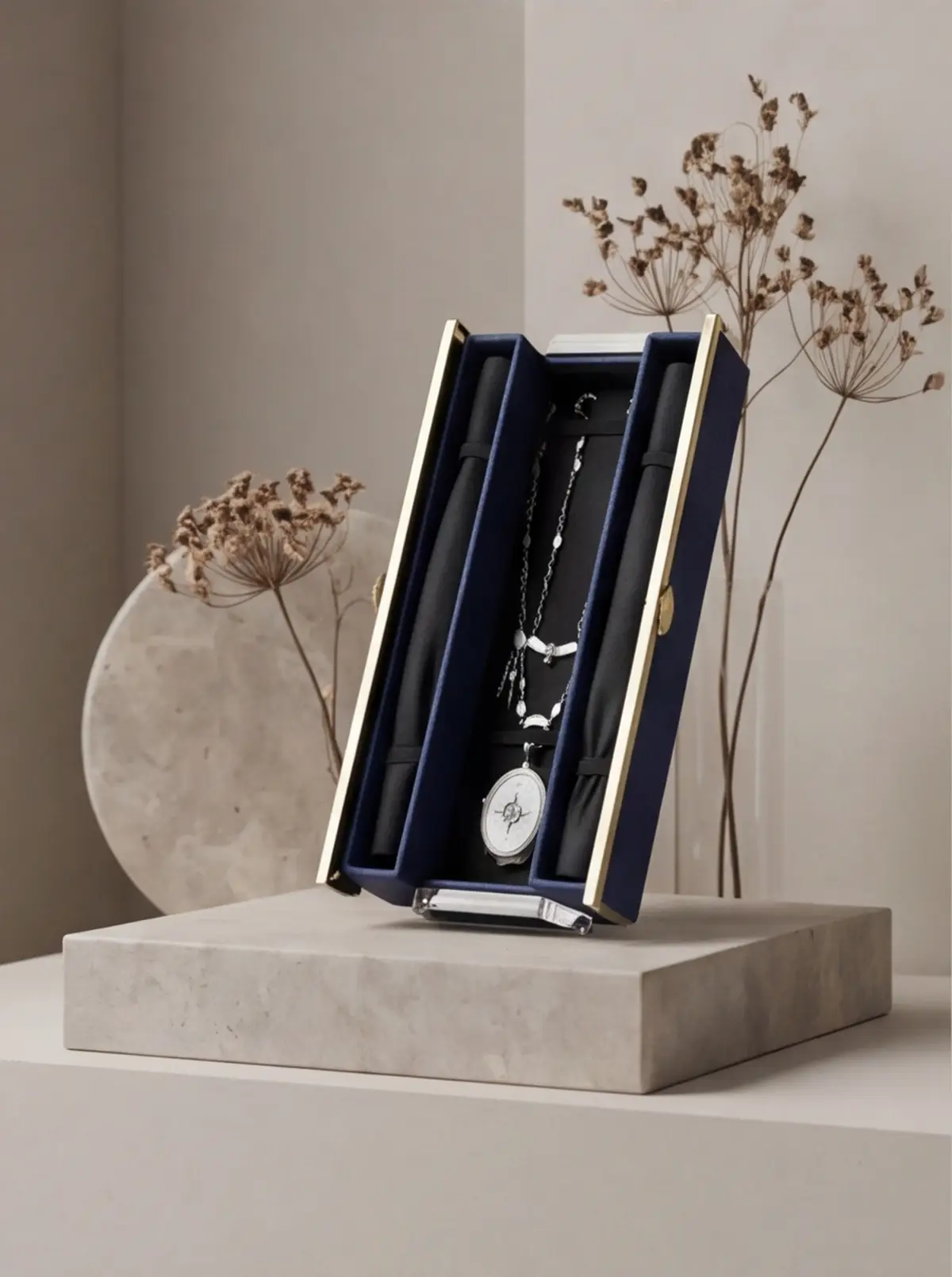 Vertical display pairs the necklace, case, and dry florals as a collectible scene.