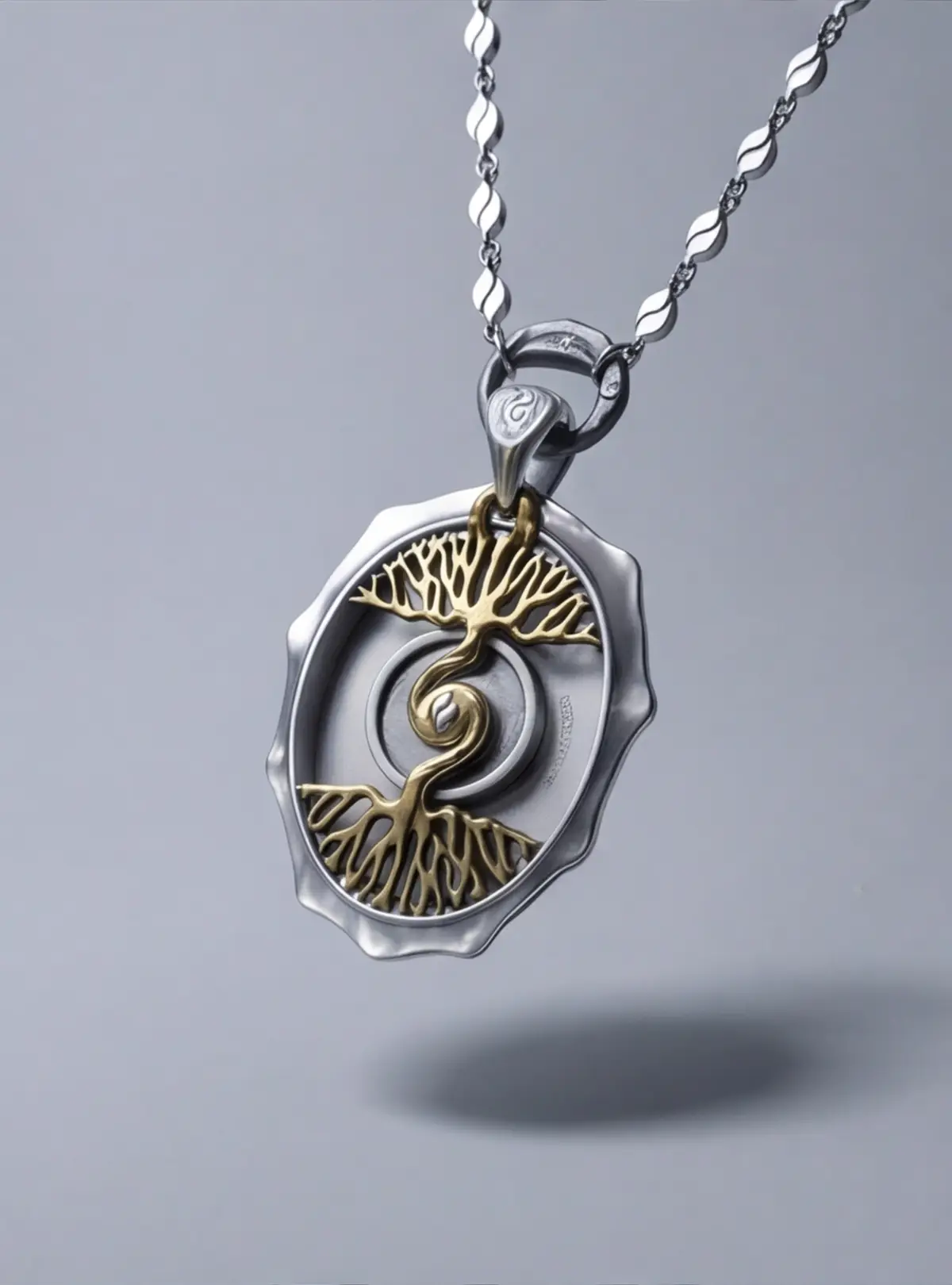 The gold-silver front layers contrast World Tree and drum face.
