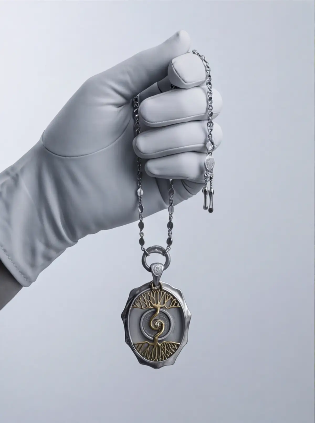 The pendant suspended in hand shows a light vertical drape.