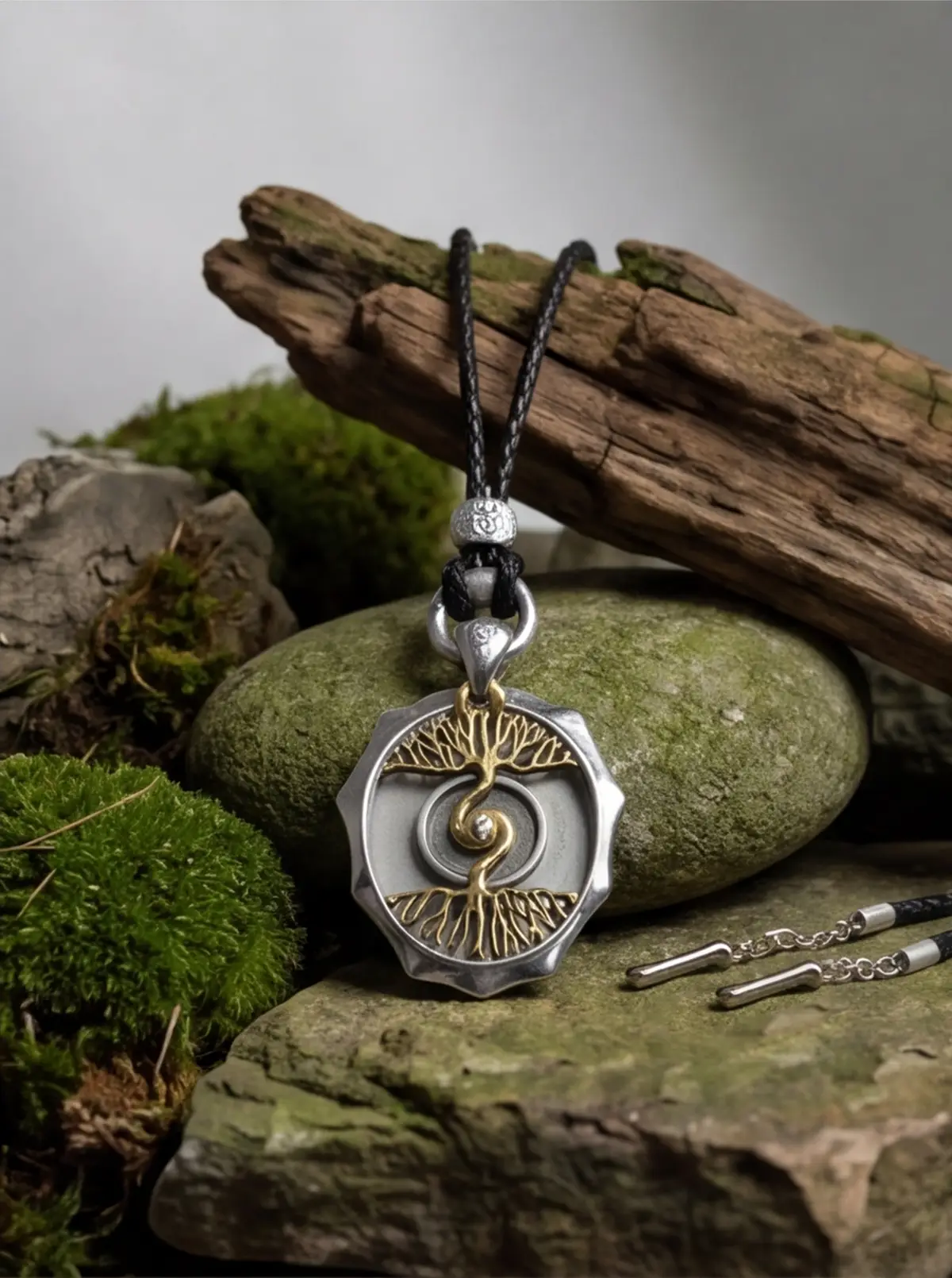 Moss and wood amplify the artifact as a living guardian object.
