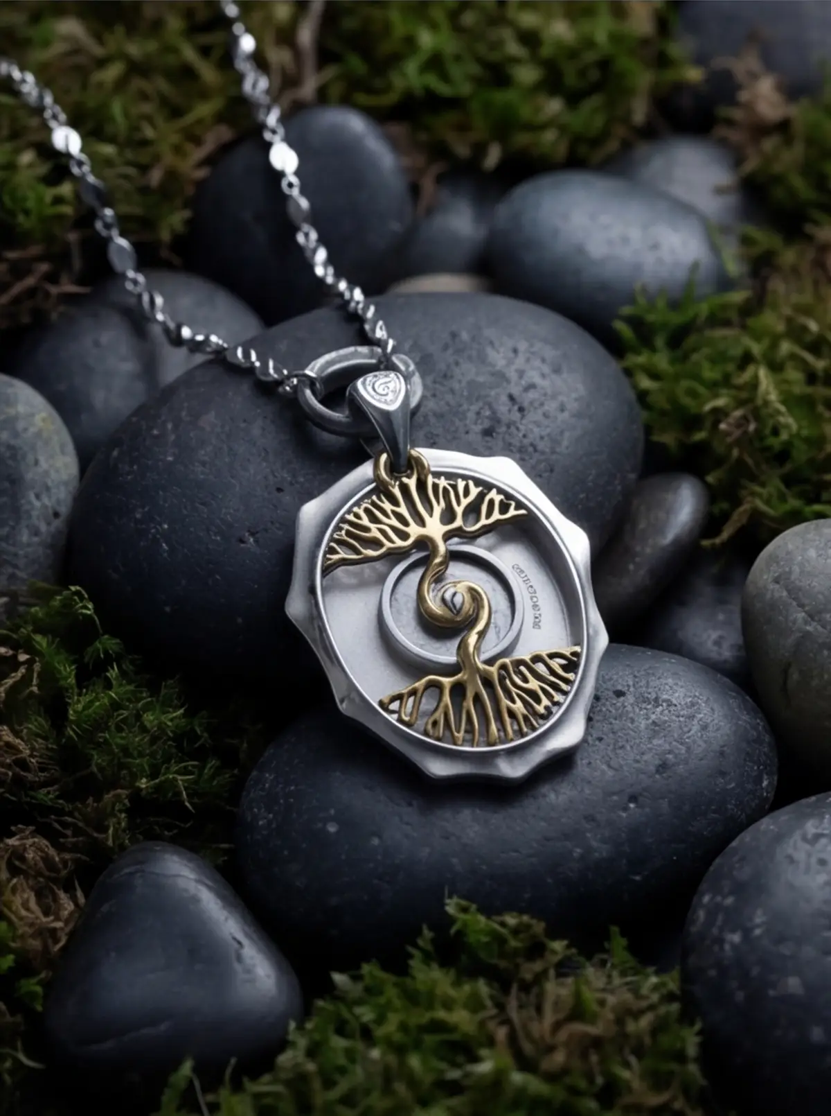 Silver chain and World Tree close-up show the worn metallic sheen.