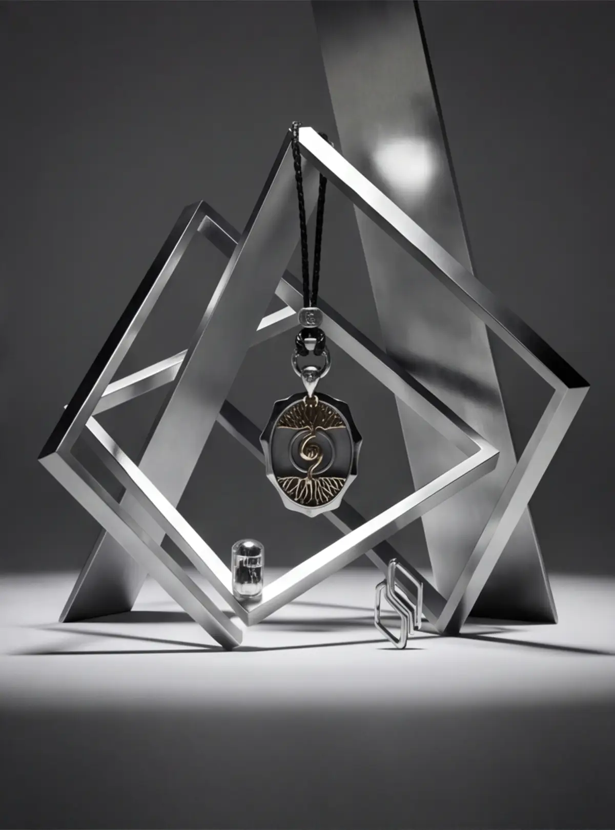 Suspension inside a transparent structure leans into future relic language.
